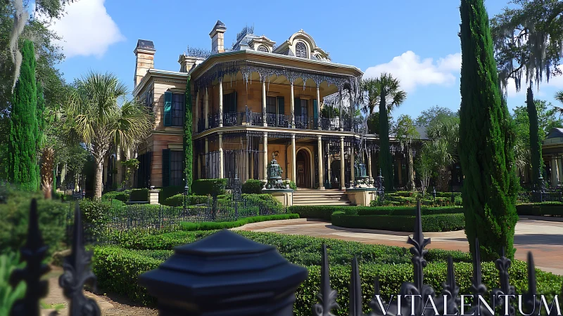 Large Victorian mansion with wrought iron balconies stands prominently