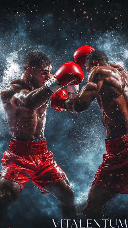 Two muscular boxers sparring with red gloves in cosmic setting.