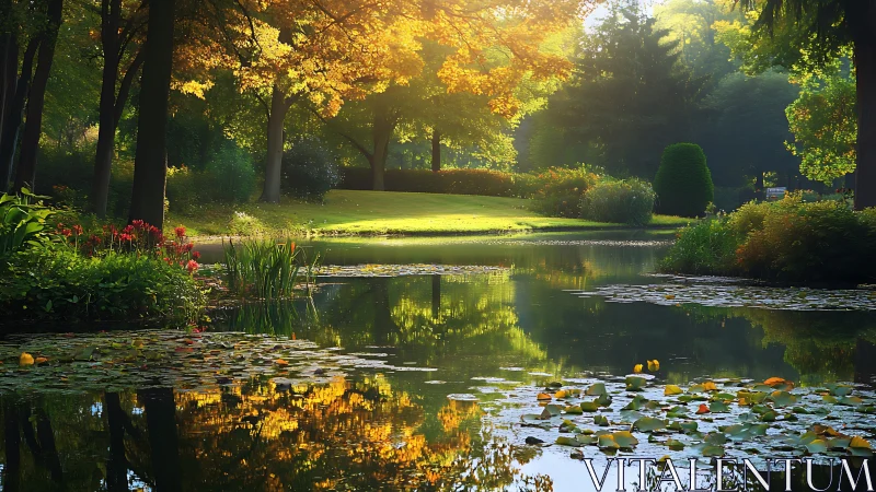 Golden hour landscape with reflective pond and foliage.