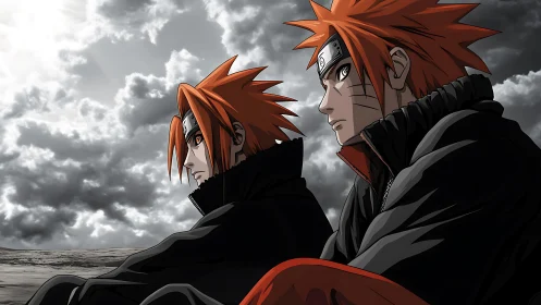 Twin anime warriors sit beneath storm-darkened skies in thought