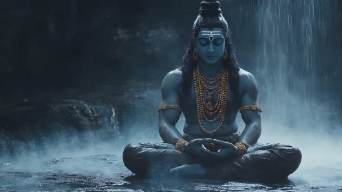 Serene blue deity meditates calmly beneath gentle waterfall
