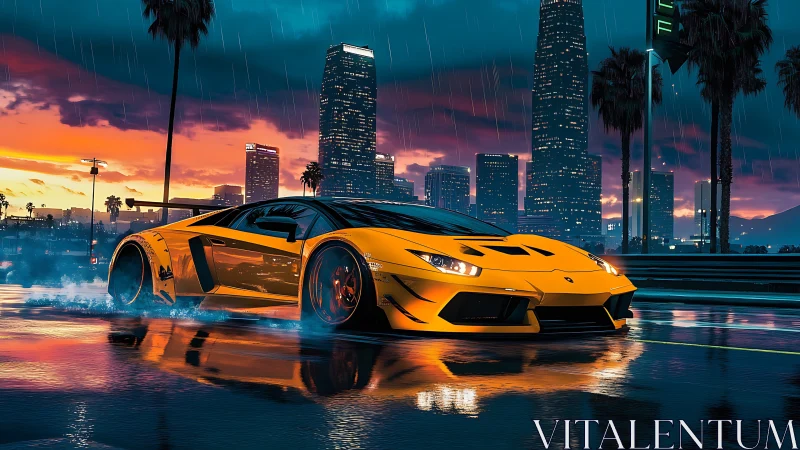 Supercar drifts through neon city rain at sunset.