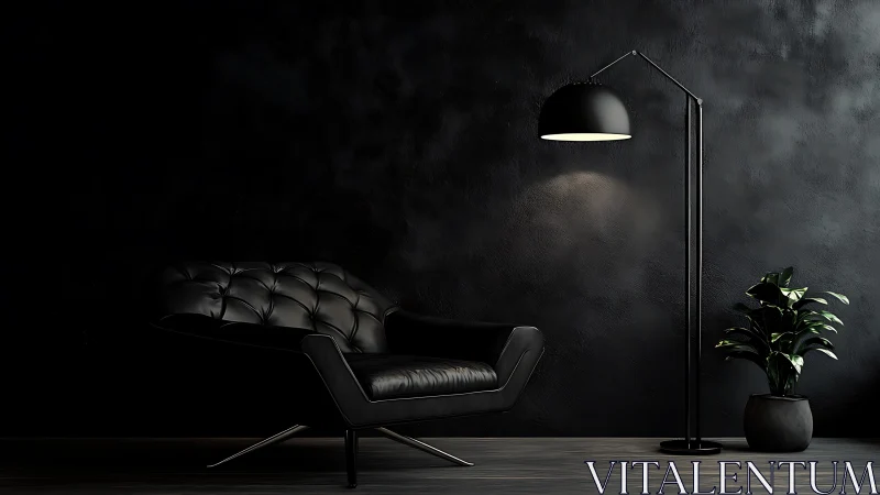Moody black lounge corner with leather chair and lamp.