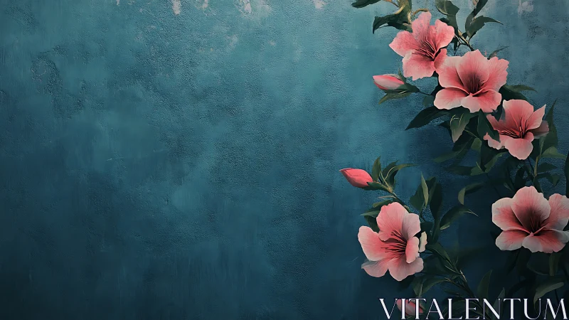 Digital Floral Composition: Pink Hibiscus Against Weathered Teal Textured Background Surface
