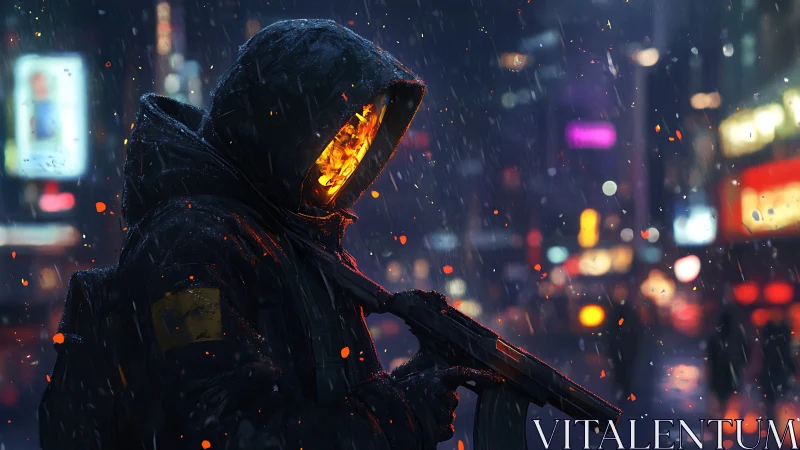 Hooded armed figure with fiery face in rainy city street.