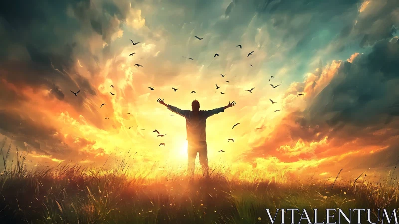 Silhouette embracing radiant sky within painterly sunset field.