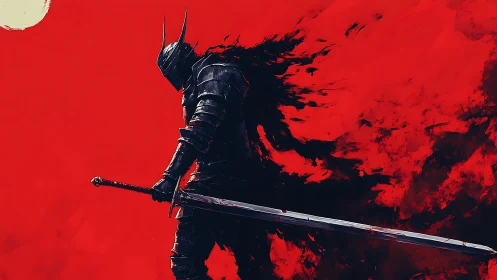 Lone dark knight strides through a storm of crimson shadow.