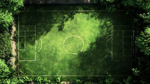 Forest shadows turn a hidden football pitch into green stage