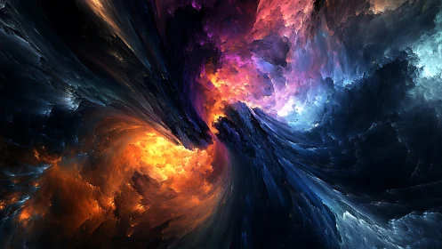 Cosmic storm swirls through fiery and icy nebula clouds.