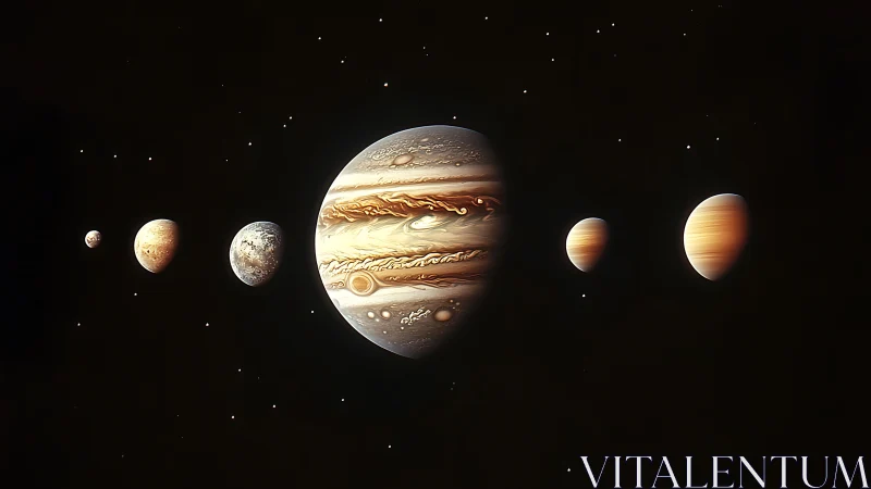 Jupiter with aligned moons rendered in detailed digital space art