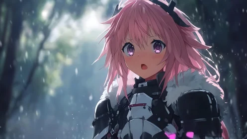 Anime knight heroine in rainlit forest, high-detail rendering.