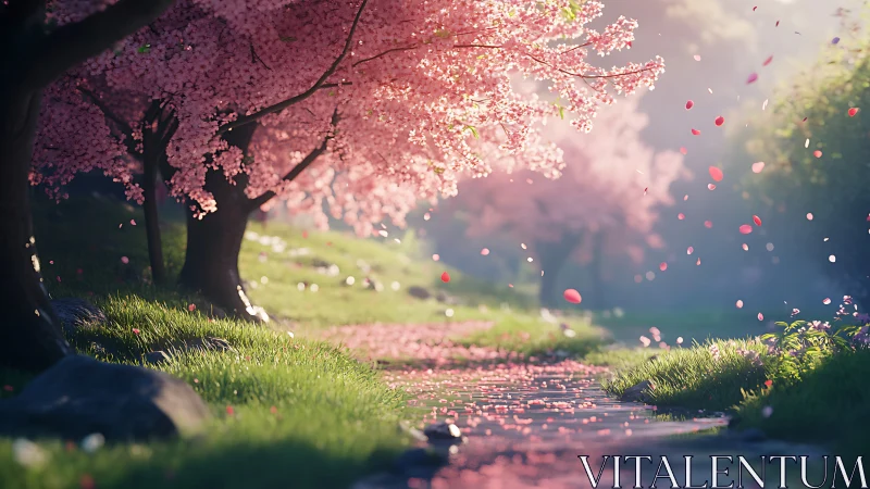 Cherry blossom path under soft spring light at dusk.