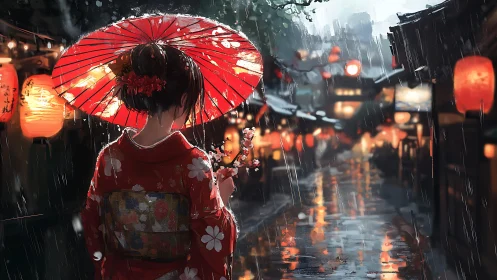 Kimono figure under red umbrella in rainy lantern street.