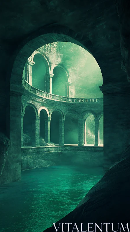 Misty emerald canal winding through ancient stone arches.