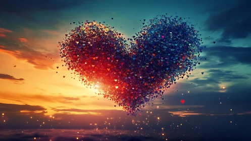 Heart-shaped particle cloud against sunset and twilight gradient