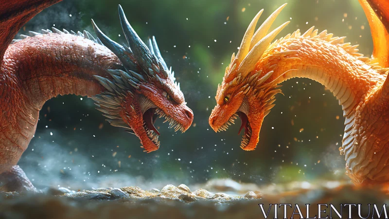 Two detailed dragons facing off in a bright outdoor setting.