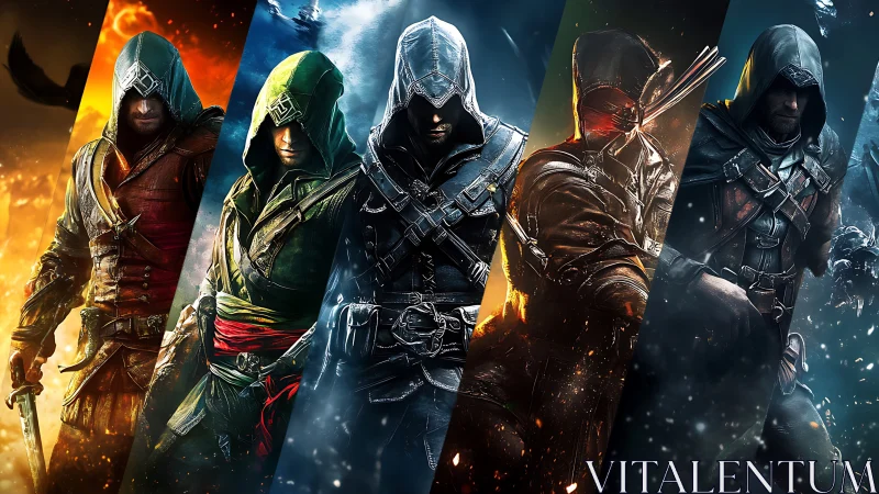 Hooded melee operatives in spectrum-sliced combat environments.