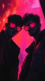 Neon-lit dual portraits with reflective red lenses and jackets