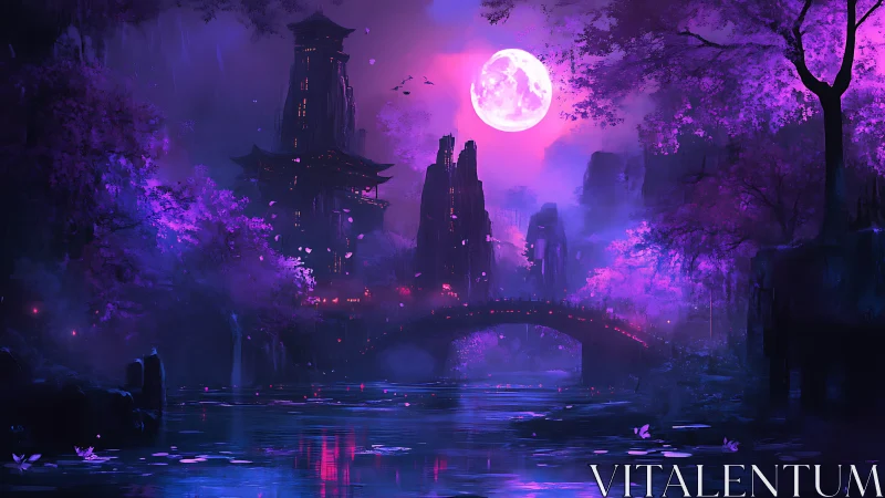 Neon moonlit temple city mirrors over violet river. Period.