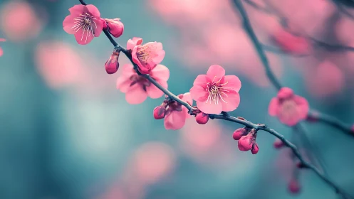 Pink Peach Blossoms in Shallow Depth of Field Photography