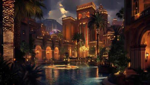 Golden evening escape by a glowing palace canal resort.