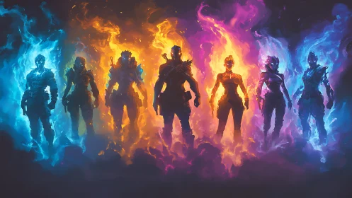 Seven humanoid figures stand in tri-color elemental flames