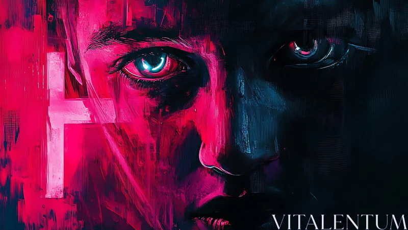 Neon-lit cyber face emerges from darkness with intense gaze.