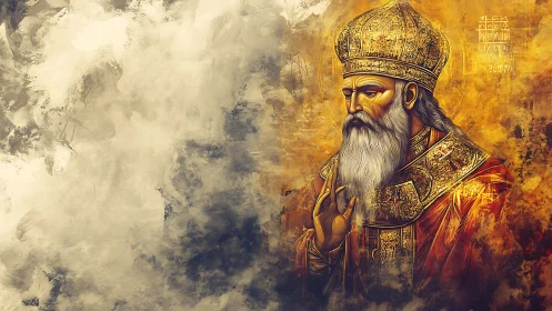 Golden-robed elder bishop dominates textured sacred abstract.