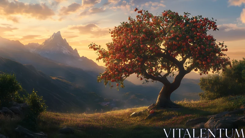 Solitary fruit tree on alpine ridge at warm sunset glow