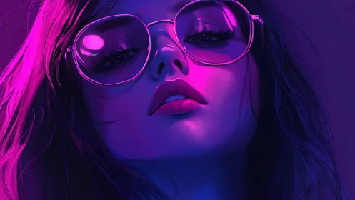 Neon-lit digital portrait of woman in reflective glasses.