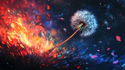 Dandelion drifting through cosmic fire and nebulae blaze.