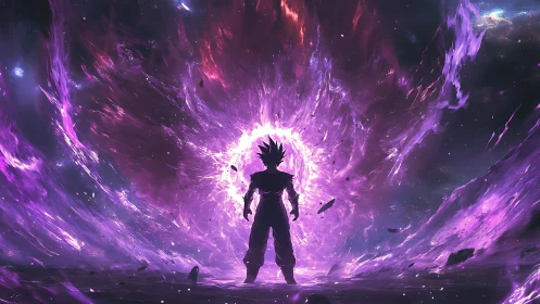 Saiyan silhouette against cosmic violet energy vortex portal.