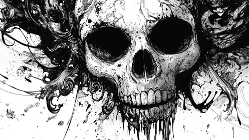 Monochrome skull dissolves into chaotic ink-splatter vortex