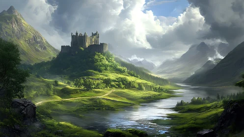 Digital painting of highland castle above luminous river valley.