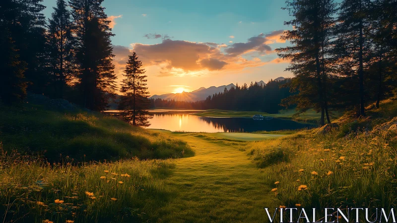 Golden sunset over tranquil forest lake invites quiet escape