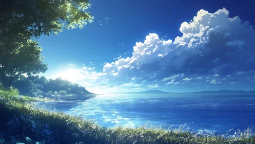 Coastal lakeside landscape under expansive blue sky.