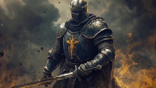 Armored knight holding sword amid smoke and rising flames.