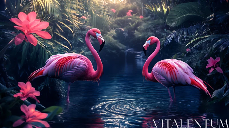 Two pink flamingos standing in dense tropical riverside habitat.