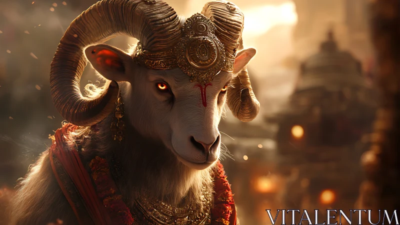 Regal horned goat in ornate ceremonial attire at dusk.