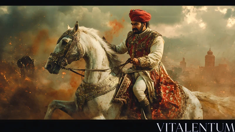 Warrior in ornate armor rides white horse through flames