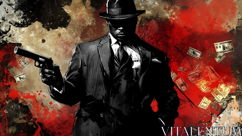 Suited figure with handgun stands before red abstract field