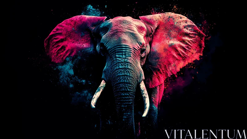 Neon colored elephant portrait against dark abstract space.