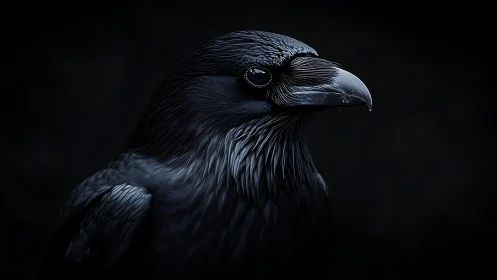 Raven portrait under low key lighting with glossy plumage.