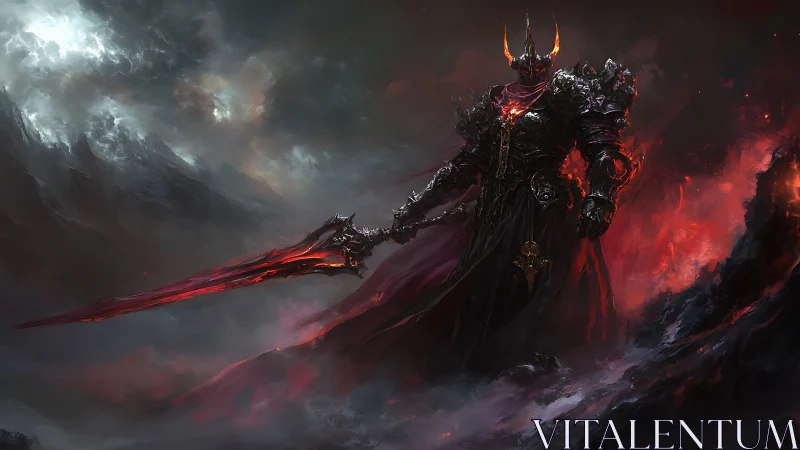 Dark armored warlord commands a blazing infernal sword.