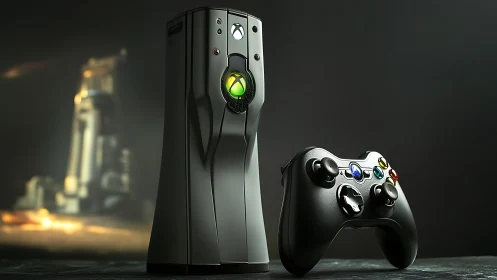 Sleek Xbox-style tower console with illuminated controller.