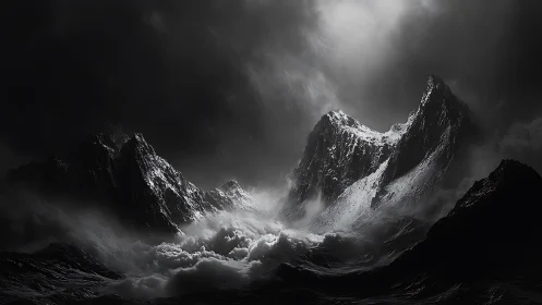 Stormlit jagged mountains rise through churning cloud sea