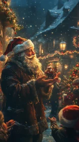 Santa in snowy village street holding glowing ornament.
