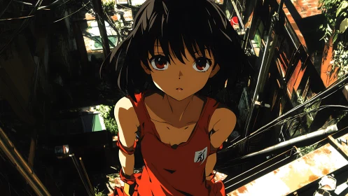 Anime girl stands in overgrown urban alley with cables