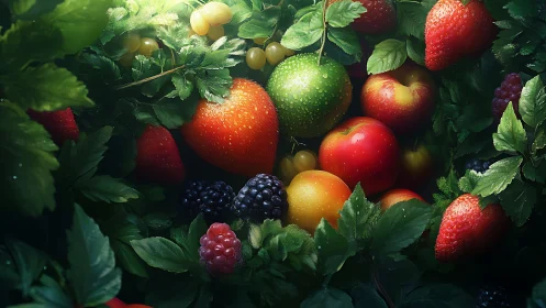 Hyper-realistic mixed berries and orchard fruit under dewy foliage