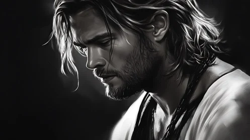 Brooding male portrait in monochrome digital chiaroscuro.